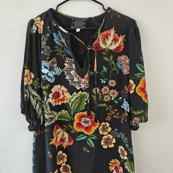 Johnny Was Zorya 100% Silk Floral Print Puff 3/4 Sleeve Mini Dress Black Size XS - Picture 4 of 15